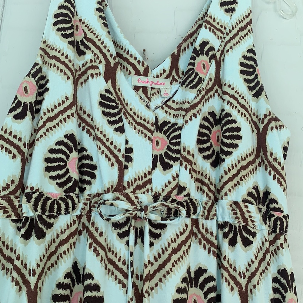 Fresh Produce teal, earth, salmon pink print MAXI. Size small